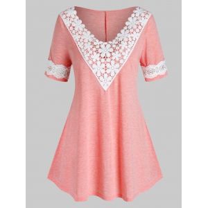 Plus Size Contrast Lace Curved T Shirt, Rose