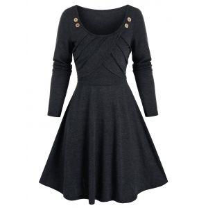 

Button Pleated Fit And Flare Dress, Dark gray