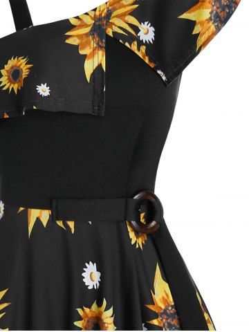 

Sunflower Printed Skew Collar High Low Dress, Black