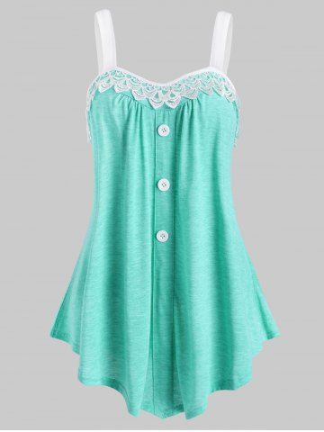 Lace Panel Button Embellished Casual Tank Top - LIGHT GREEN - 2XL