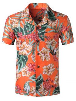 Wildflower Leaf Print Pocket Hawaii Short Sleeve Shirt - MULTI-B - XS