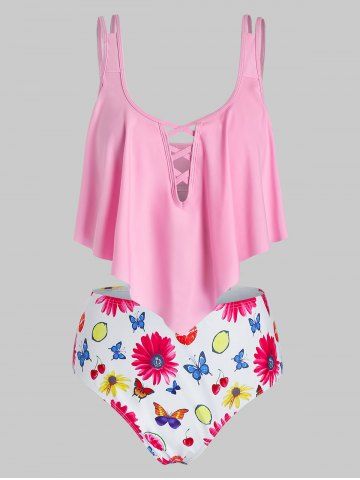 Plus Size Flower Butterfly Lattice High Waisted Tankini Swimwear - LIGHT PINK - 5X