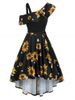 Sunflower Printed Skew Collar High Low Dress -  