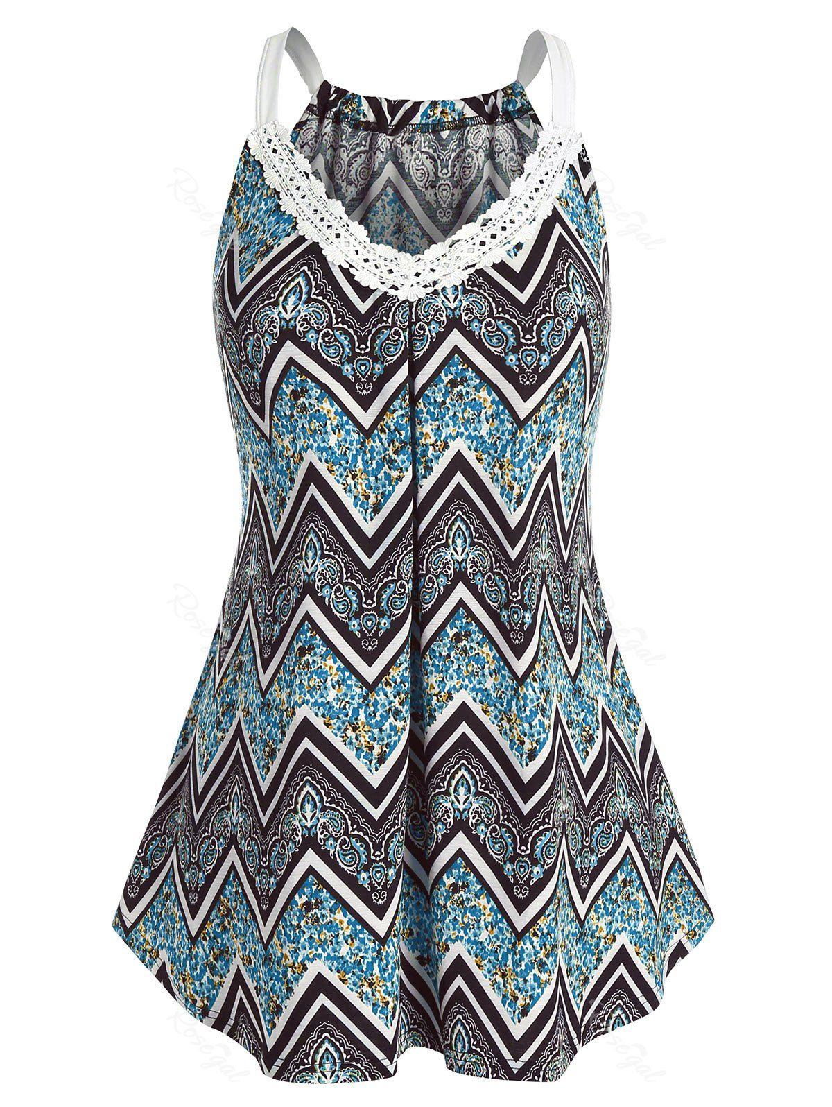 

Plus Size Lace Zig Zag Print Tank Top, Light sea green