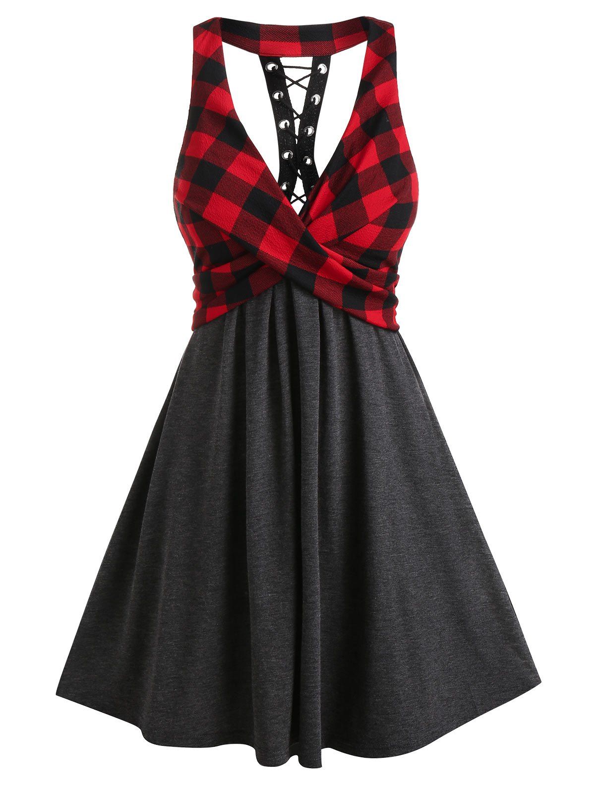 

Plaid Patchwork Front Cross A Line Dress, Multi-a