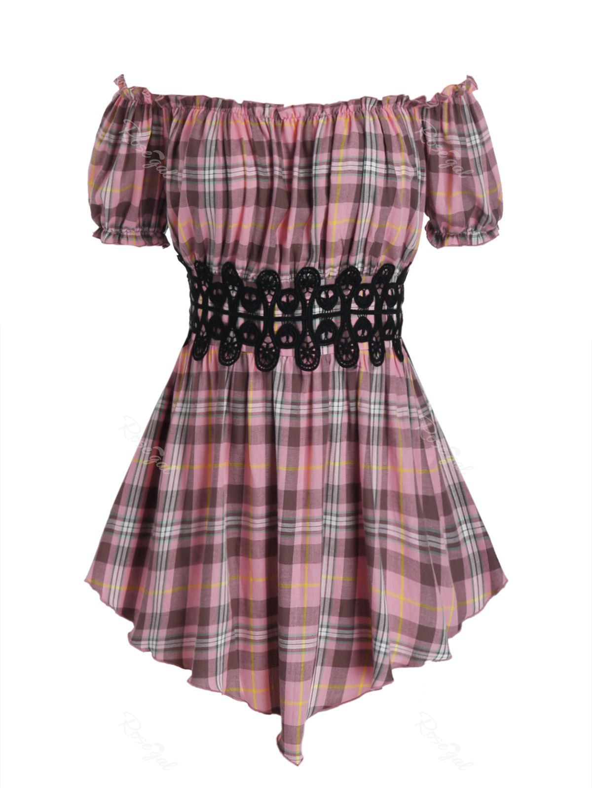 

Plus Size Puff Sleeve Applique Plaid Top, Pink