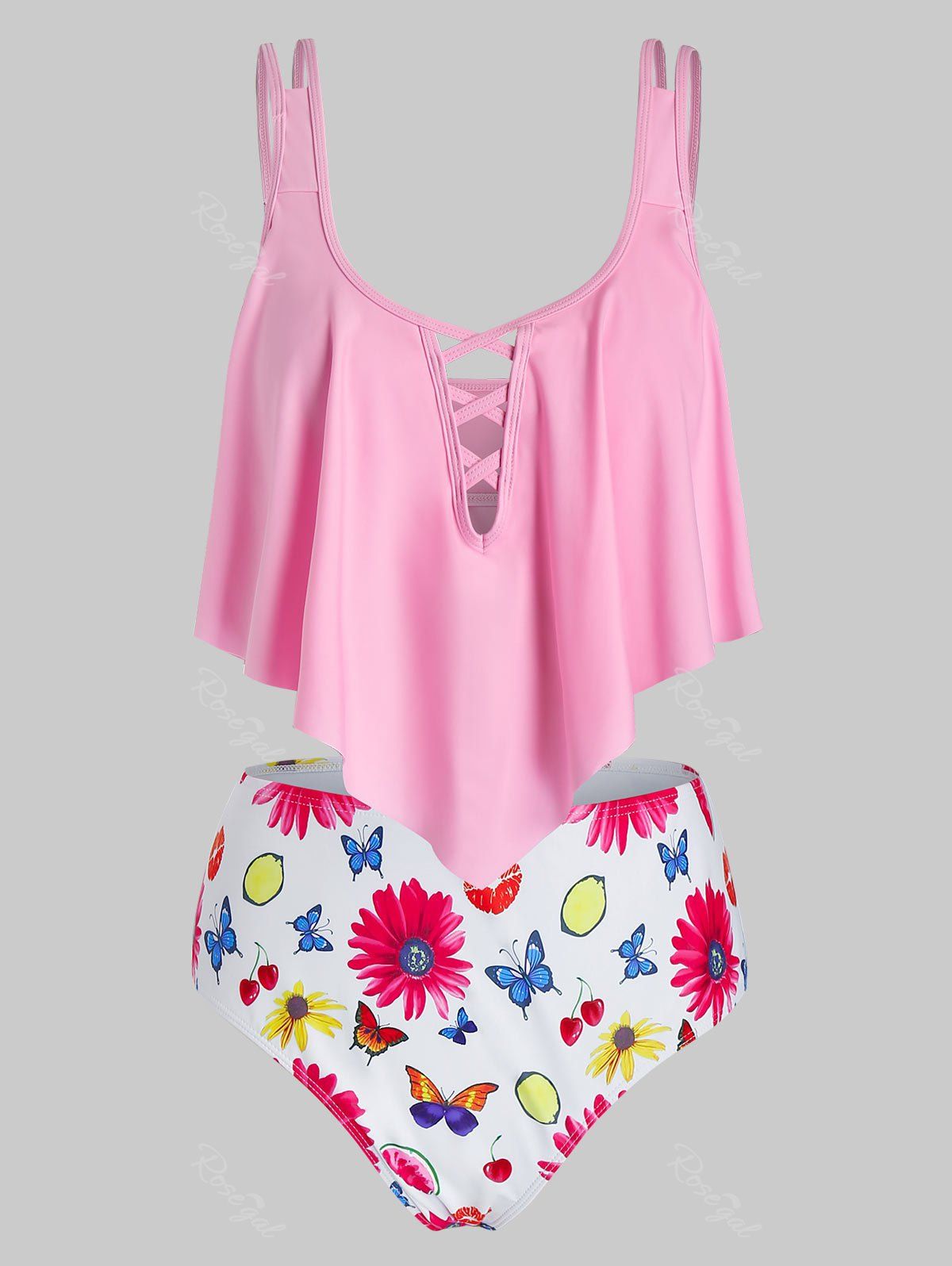 Outfit Plus Size Flower Butterfly Lattice High Waisted Tankini Swimwear  