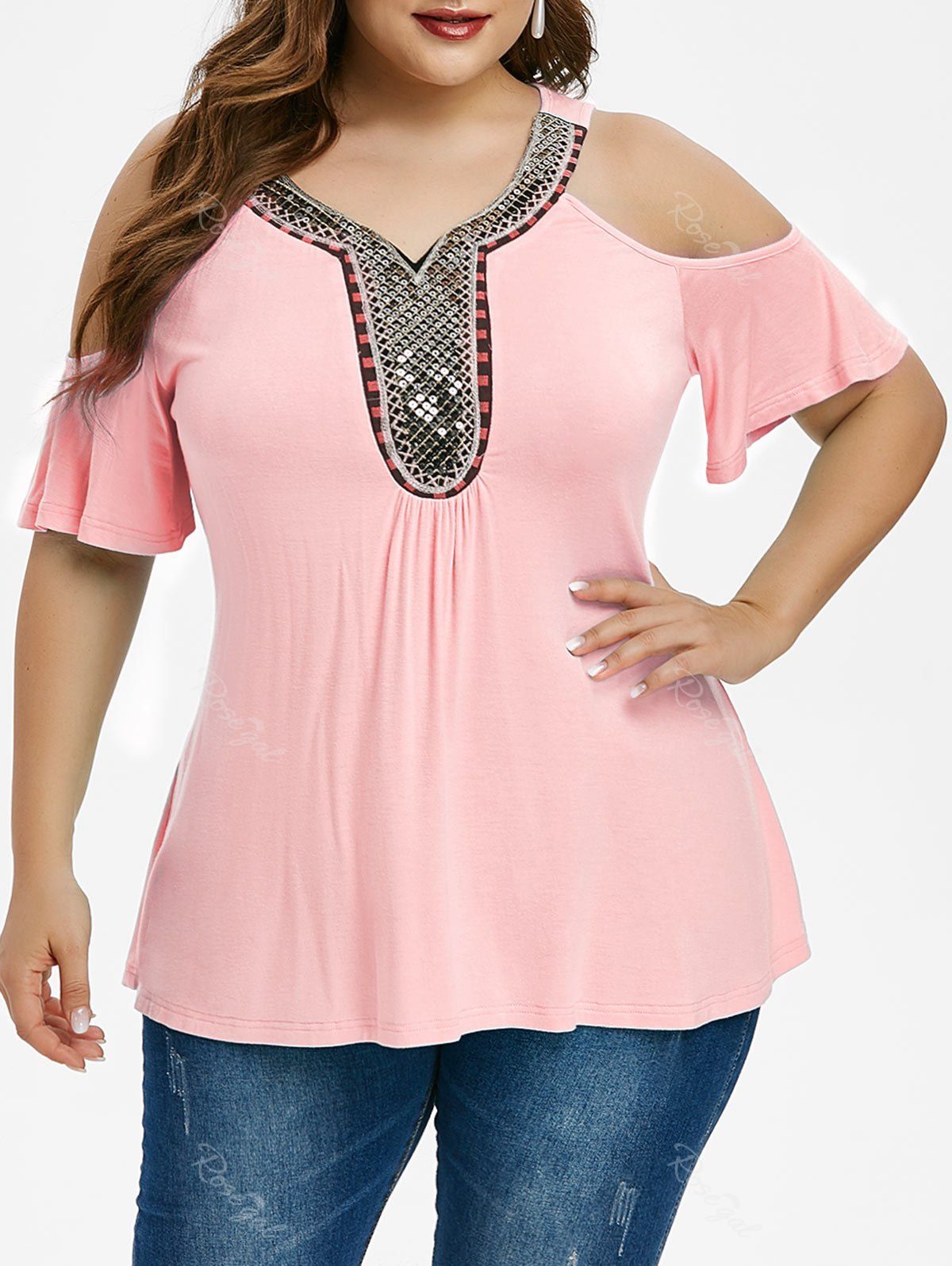 

Plus Size Ethnic Sparkling Cold Shoulder Top, Pig pink