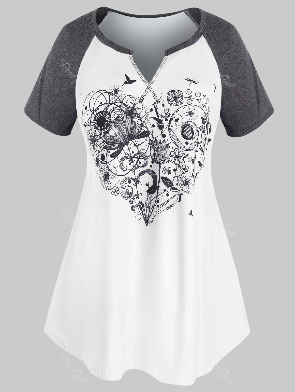 

Plus Size Floral Heart Print Raglan Sleeve T Shirt, White