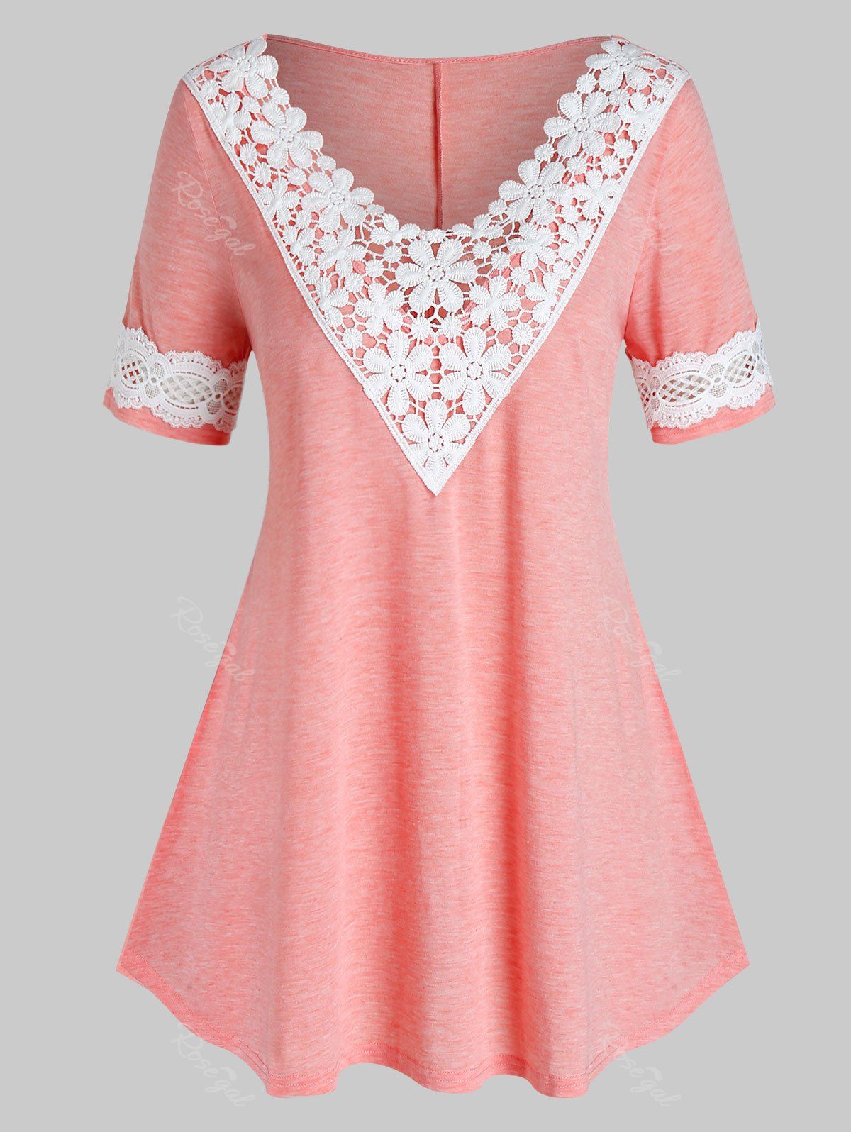 

Plus Size Contrast Lace Curved T Shirt, Rose