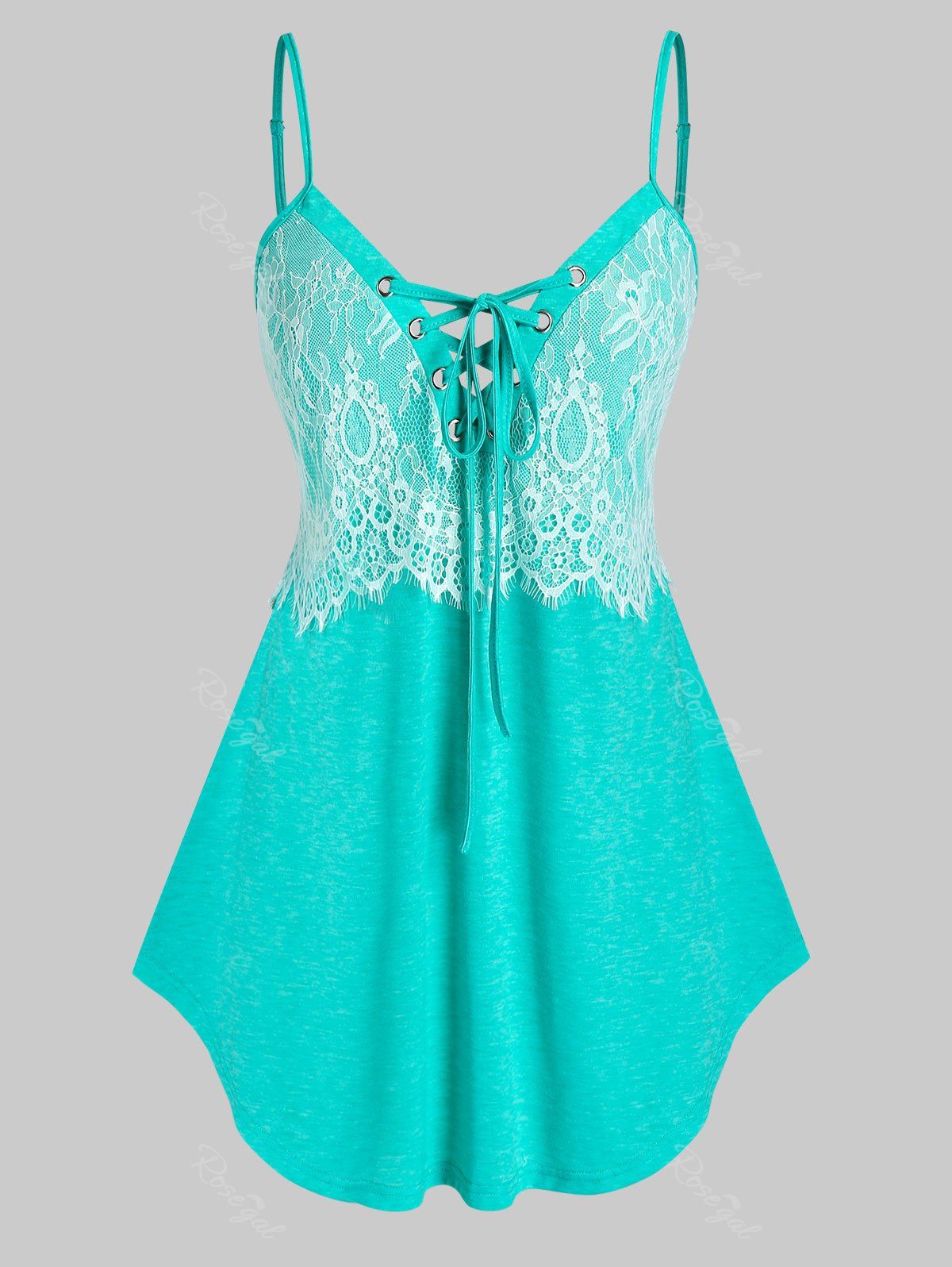 

Plus Size Eyelash Lace Lace-up Curved Cami Top, Aquamarine