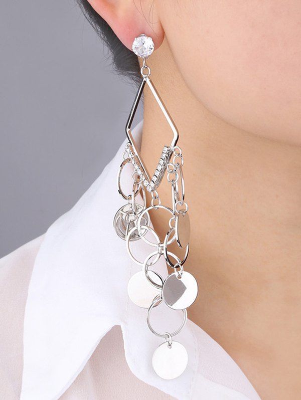 

Hollow Geometric Rhinestone Fringe Earrings, Silver