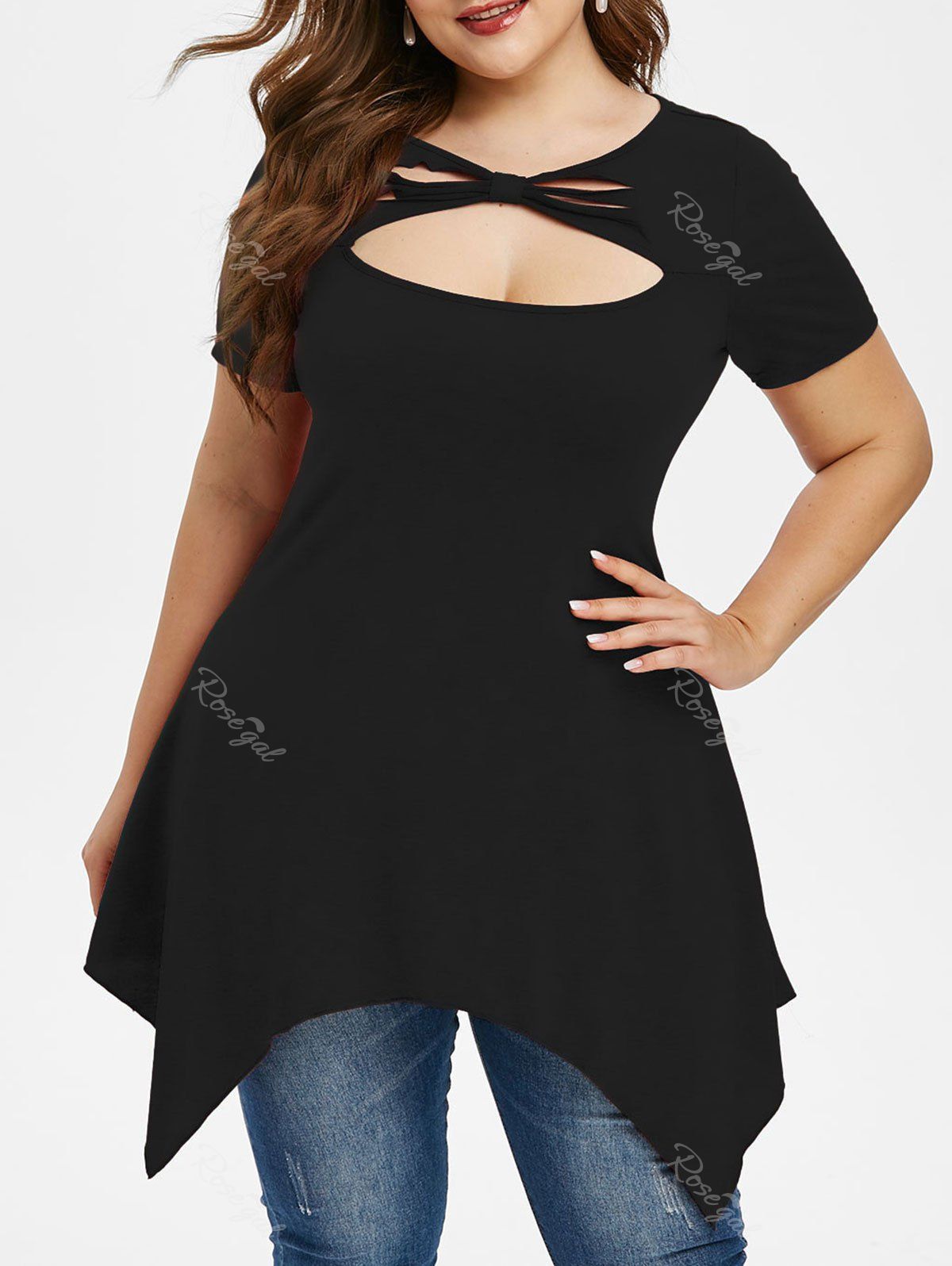 

Distressed Cut Out Handkerchief Plus Size Top, Black