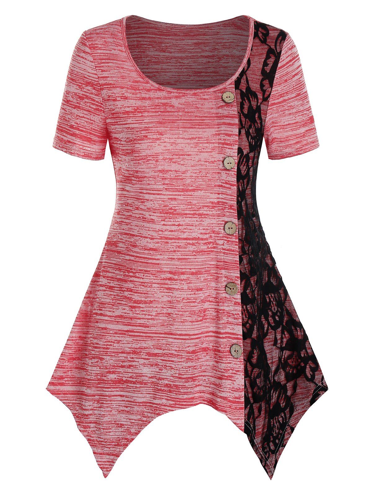 

Lace Insert Marled Handkerchief T Shirt, Pink rose