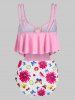 Plus Size Flower Butterfly Lattice High Waisted Tankini Swimwear -  
