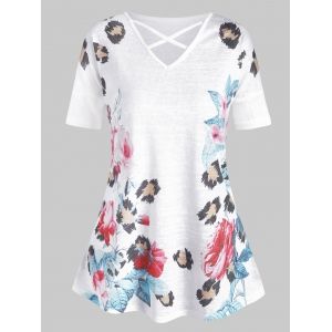 

Leopard Floral Criss Cross Plus Size Tee, White