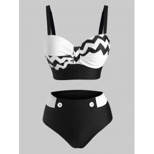 

Zig Zag Underwire Button Embellished Tankini Swimwear, Black