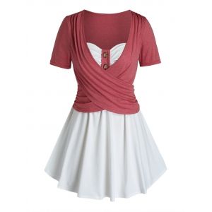

Plus Size Crossover Two Tone Ruched Skirted Tunic Tee, Valentine red