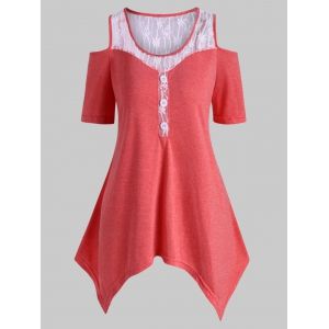 

Plus Size Handkerchief Lace Insert Cold Shoulder T Shirt, Red