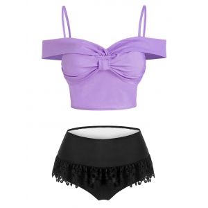 

Lace Insert Bow Detail Padded Two Piece Swimsuit, Light purple