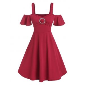 

Cold Shoulder Rhinestone O-ring Flare Dress, Red wine