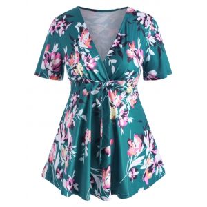 

Floral Tie Front Surplice Skirted Plus Size Top, Deep green
