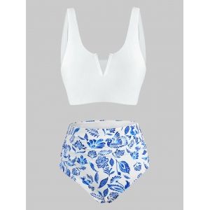 

Blue And White Printed V-wired High Waisted Tankini Swimwear