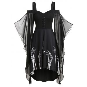 

Skeleton Print Butterfly Sleeve Lace-up High Low Dress, Black