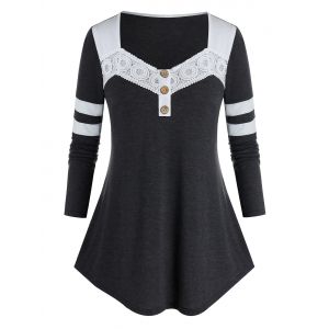 

Plus Size Lace Crochet Contrast Trim Heathered T Shirt, Carbon gray
