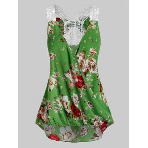 

Plus Size Flower Print Surplice Bowknot Blouson Tunic Tank Top, Seaweed green