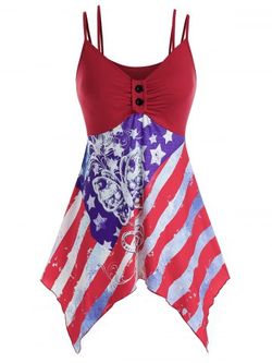 Plus Size American Flag Handkerchief Ruched Dual Strap Cami Top - RED - L