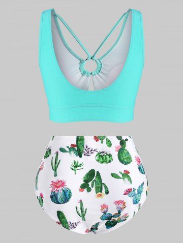 

Cactus Print Ring Strappy Ruched Tankini Swimwear, Green