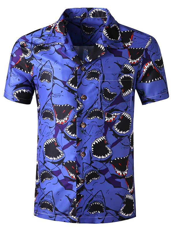 

Shark Print Pocket Beach Short Sleeve Shirt, Multi