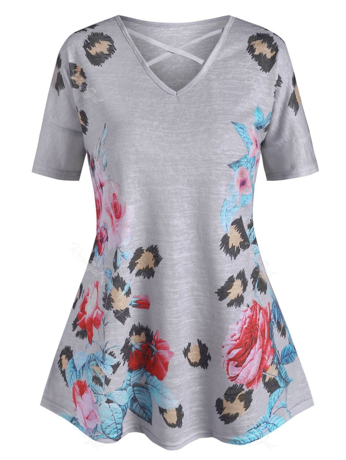 

Leopard Floral Criss Cross Plus Size Tee, Gray