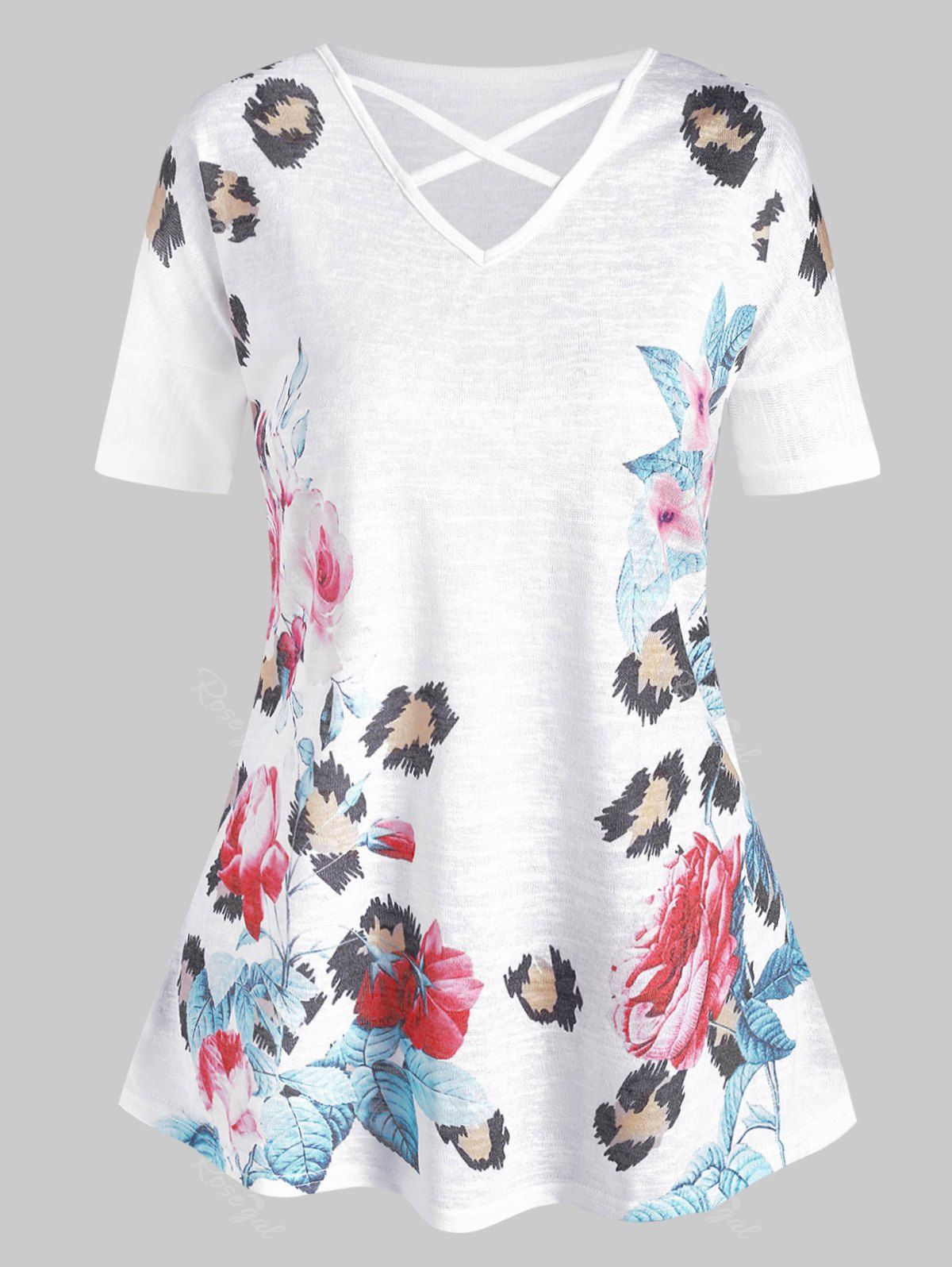 

Leopard Floral Criss Cross Plus Size Tee, White
