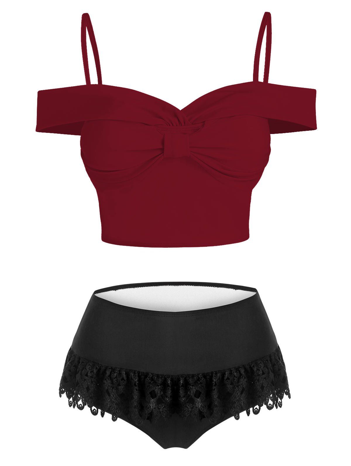 

Lace Insert Bow Detail Padded Two Piece Swimsuit, Deep red