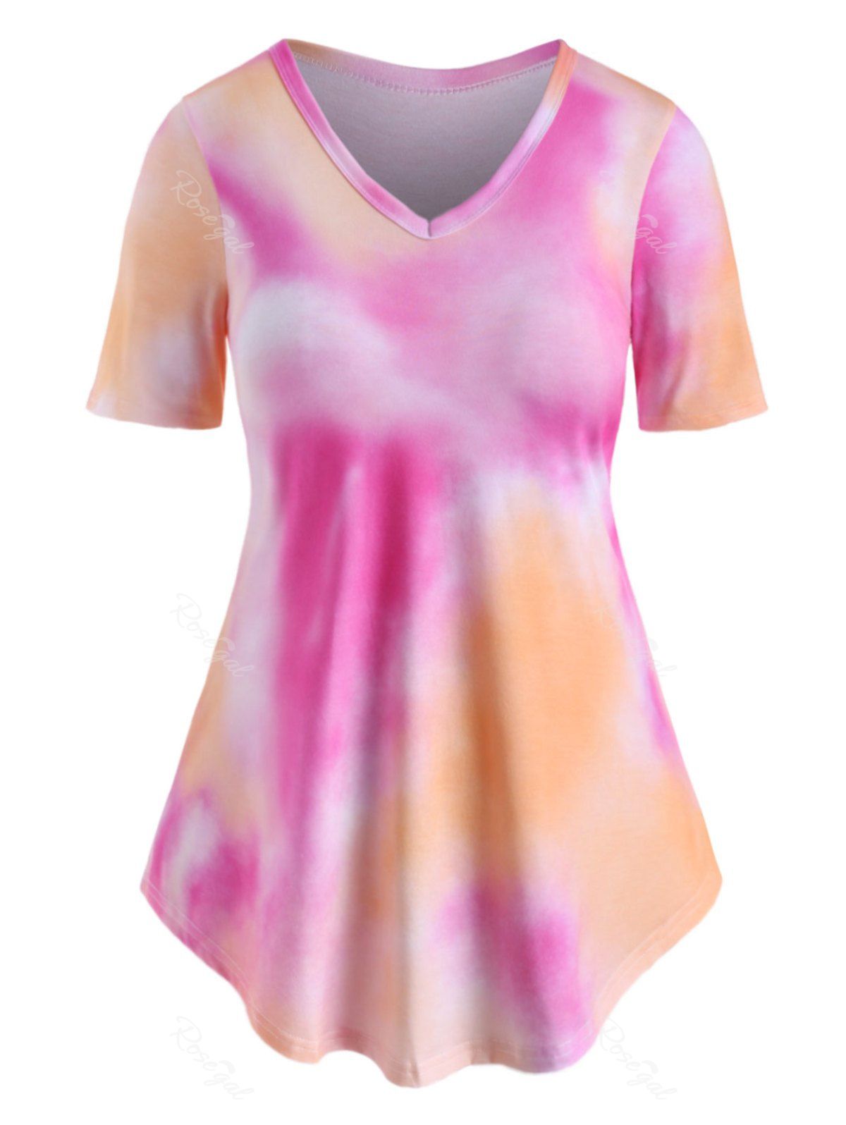 

V Neck Curved Hem Tie Dye Plus Size Tee, Orange