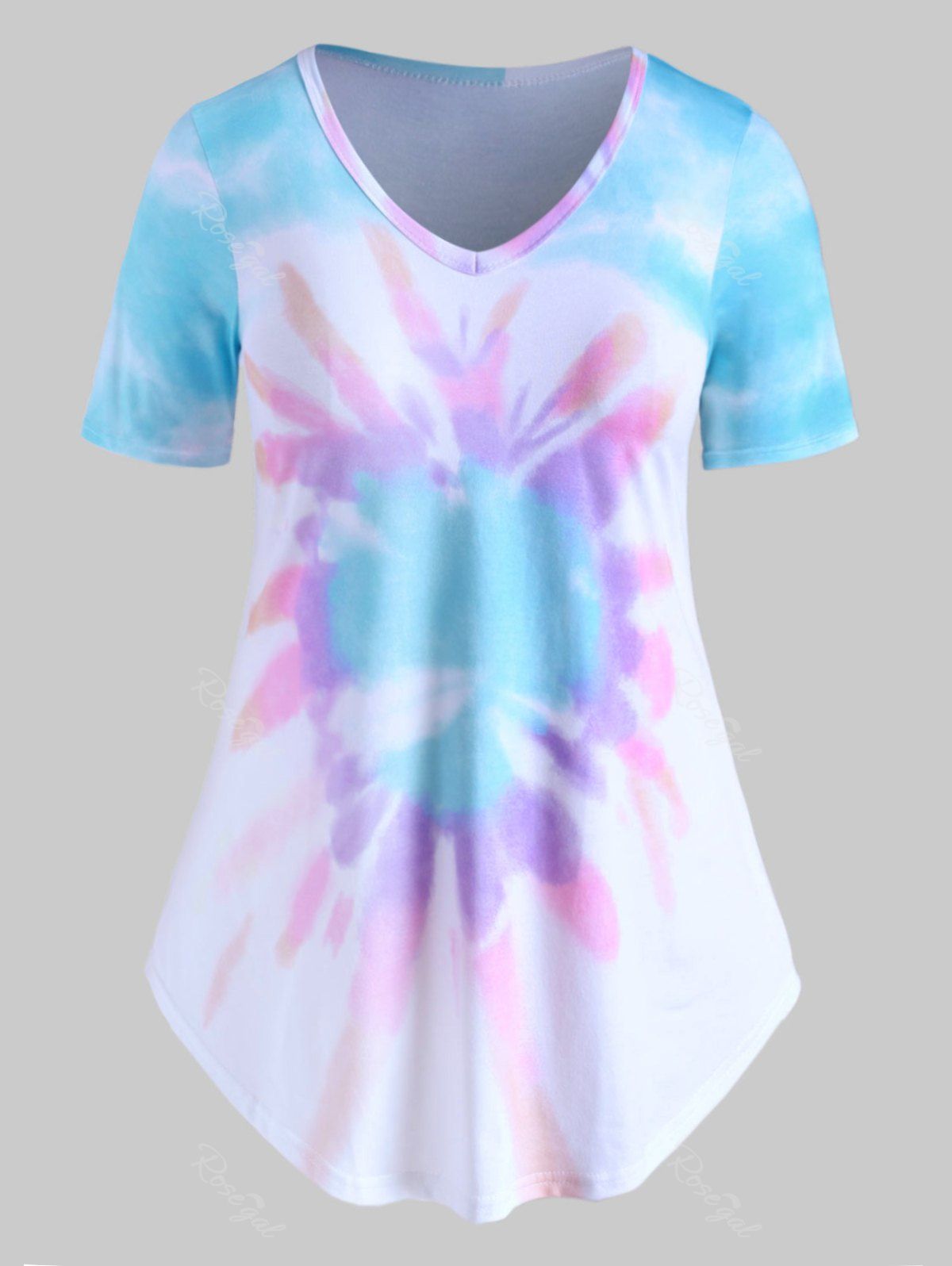 

V Neck Curved Hem Tie Dye Plus Size Tee, Blue