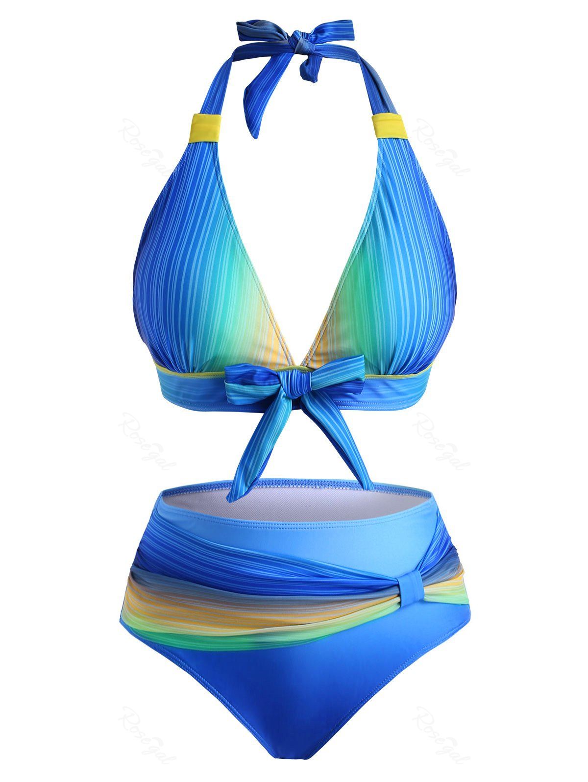 

Tie Back Knotted Ombre Stripes Plus Size Bikini Swimwear, Yellow