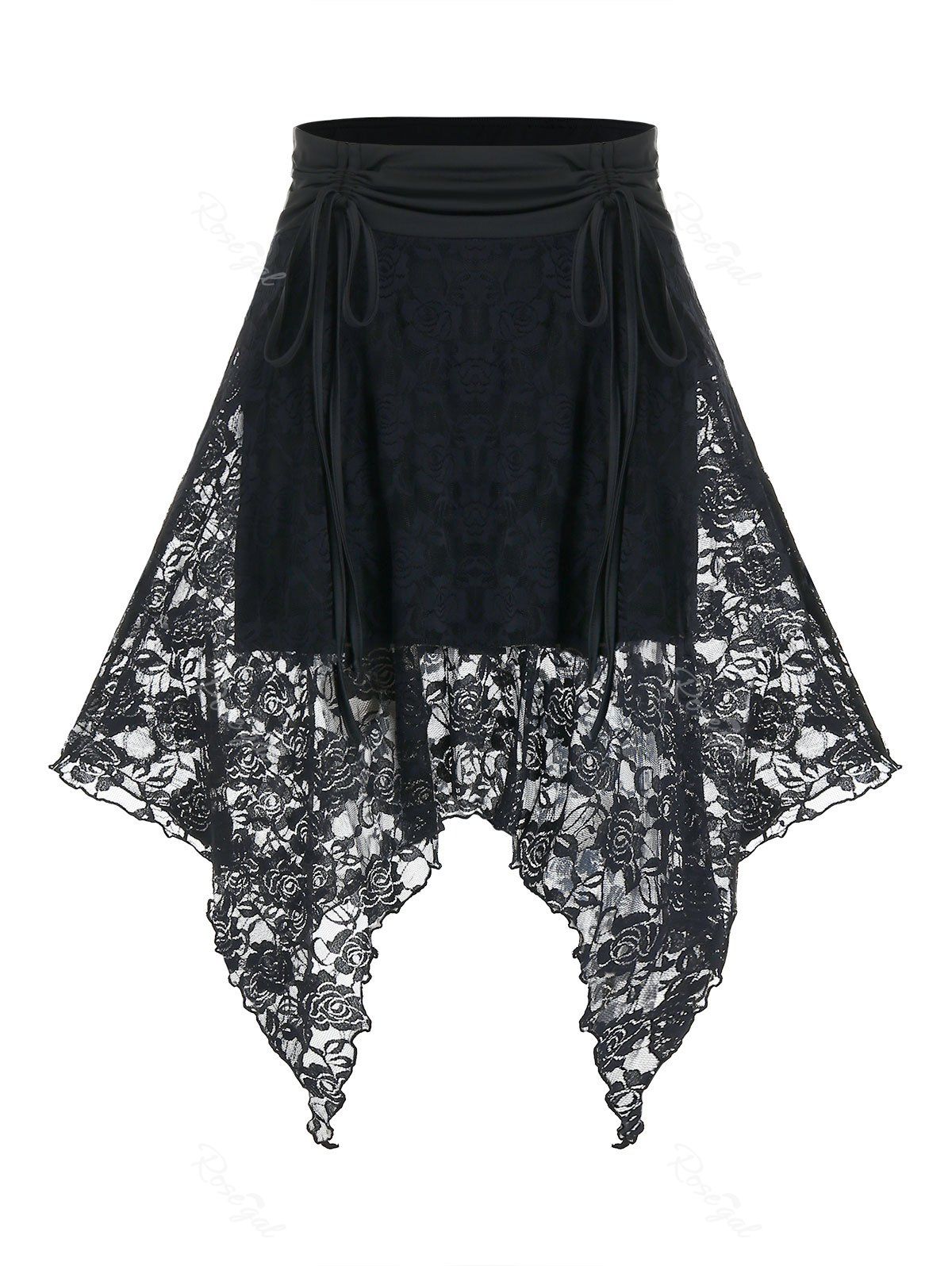 

Plus Size Lace Handkerchief Cinched Tie High Rise Skirt, Black