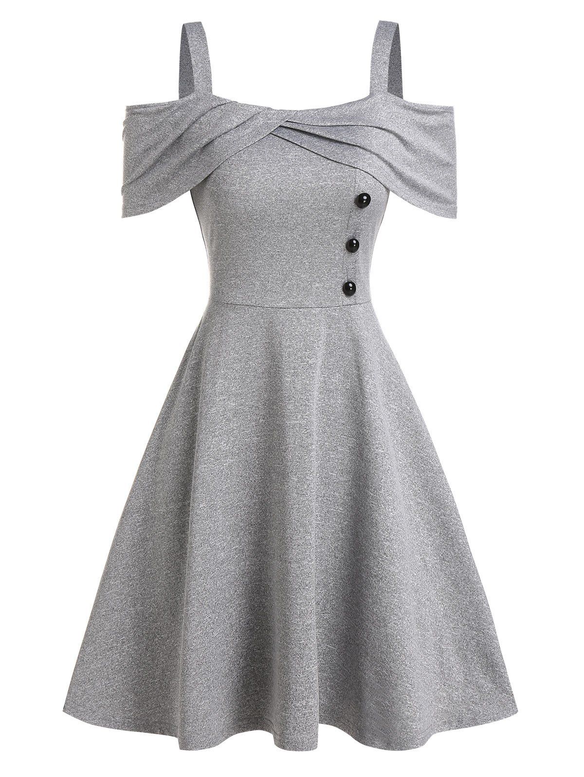 

Mock Button Cold Shoulder Marled Dress, Light gray
