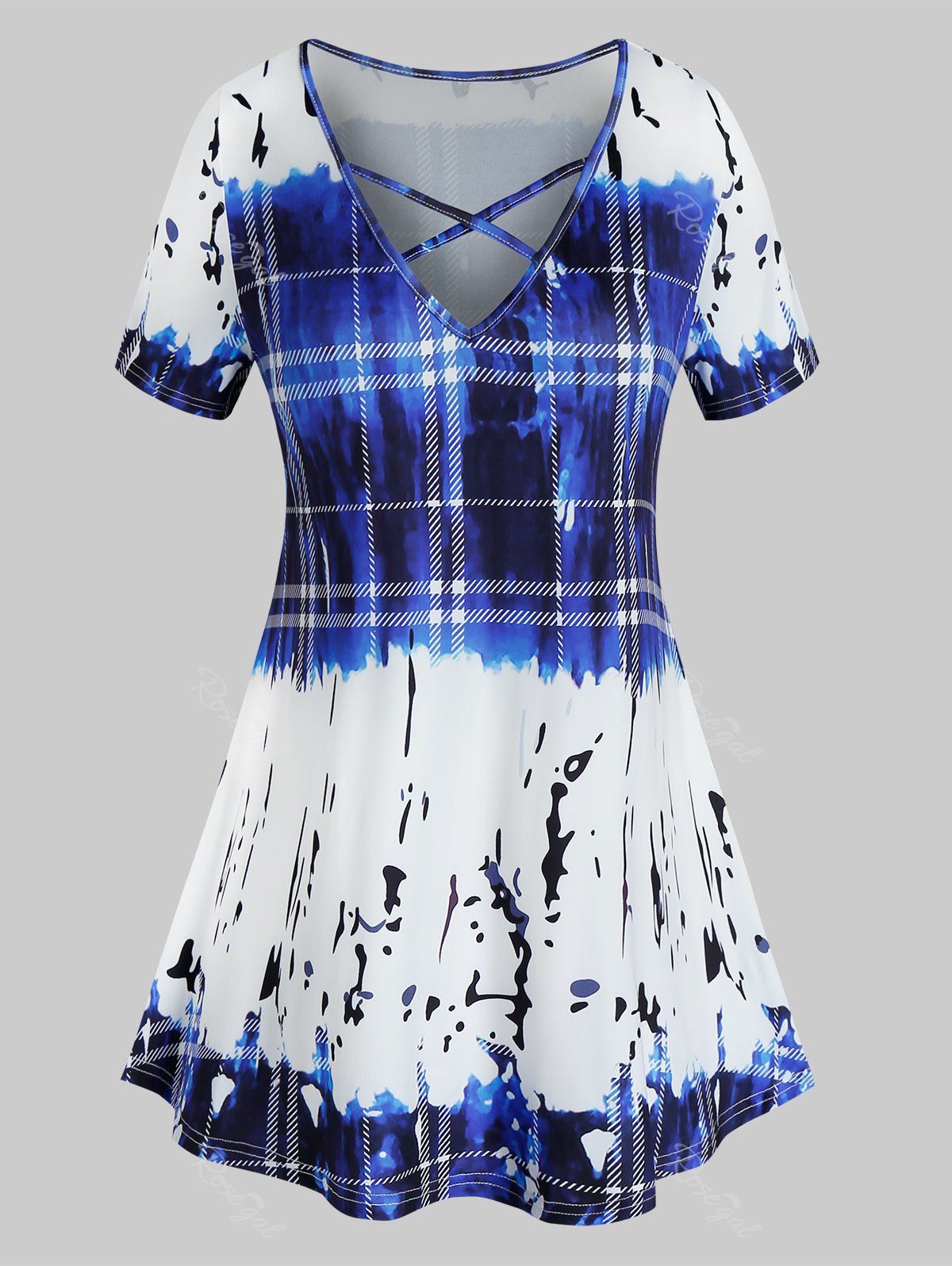 

Plus Size Crisscross Tie Dye Plaid T Shirt, Cobalt blue