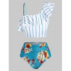 

Plus Size Striped Floral Skew Neck Ruffled Tankini Swimwear, Blue ivy