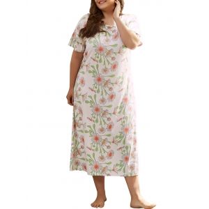 

Plus Size Flower Print Tea Length Pajama Dress, White