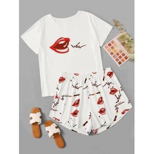 

Plus Size Lips Print Pajama Set, White