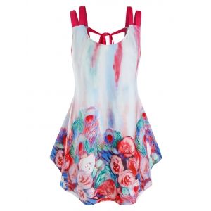 

Plus Size 3D Flower Tie Dye Peacock Print Tie Backless Tank Top, Red