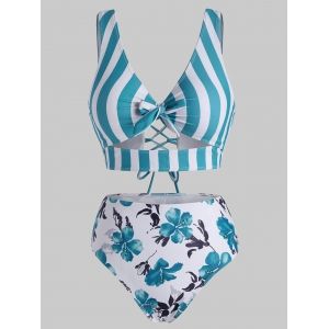 

Striped Floral Cutout Lace-up Knot Tankini Swimwear, Blue