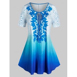

Plus Size Self Tie Ombre Color T Shirt, Blue koi