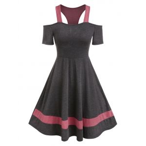 

Cold Shoulder Contrast Heathered Casual Dress, Dark gray