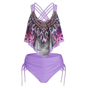 

Bohemian Print Criss-cross Cinched Tankini Set, Light purple